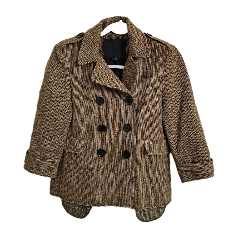 GRYPHON Jacket Small Brown Herringbone Virgin‎ Wool Double-Breasted Peacoat